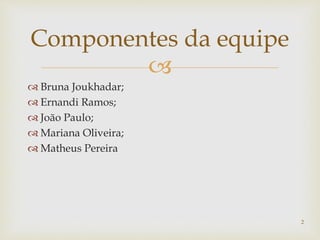 
 Bruna Joukhadar;
 Ernandi Ramos;
 João Paulo;
 Mariana Oliveira;
 Matheus Pereira
Componentes da equipe
2
 