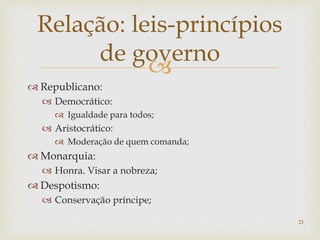 
 Republicano:
 Democrático:
 Igualdade para todos;
 Aristocrático:
 Moderação de quem comanda;
 Monarquia:
 Honra. Visar a nobreza;
 Despotismo:
 Conservação príncipe;
21
Relação: leis-princípios
de governo
 