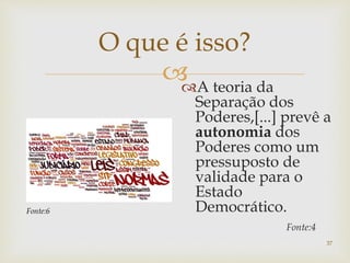 
37
O que é isso?
A teoria da
Separação dos
Poderes,[...] prevê a
autonomia dos
Poderes como um
pressuposto de
validade para o
Estado
Democrático.
Fonte:4
Fonte:6
 