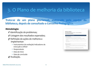 Trata-se de um plano plurianual, elaborado pela equipa da
biblioteca, depois de consultado o Conselho Pedagógico.
Metodologia:
1º Identificação de problemas;
2º Listagem dos resultados esperados;
3º Definição de ações de melhoria a
implementar:
 Instrumentos de avaliação/ indicadores de
execução a utilizar
 Responsáveis
 Data de início
 Data de conclusão
4º Avaliação.
BIBLIOTECA ESCOLAR | 2013-2014 8
3. O Plano de melhoria da biblioteca
 