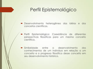 Perfil Epistemológico
 Desenvolvimento heterogêneo das idéias e dos
conceitos científicos.
 Perfil Epistemológico: Coexistência de diferentes
perspectivas filosóficas para um mesmo conceito
científico.
 Similaridade entre o desenvolvimento dos
conhecimentos de um indivíduo em relação a um
conceito e o progresso filosófico desse conceito em
seu desenvolvimento histórico.
 