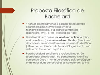 Proposta Filosófica de
Bachelard
 “ Pensar cientificamente é colocar-se no campo
epistemológico intermediário entre a
teoria(racionalismo) e a prática (empirismo)”.
(Bachelard, 1991, p. 10 – Filosofia do Não)
 Uma filosofia em que o racionalismo aplicado (não-
vazio e reflexivo) e o materialismo técnico (empirismo
desconexo) se manifestem num movimento dialético
(diferente do dialético de Marx; diálogo), isto é, uma
síntese da teoria com a prática.
 Para Bachelard empirismo e racionalismo estão
sobrepostos (imbricados) no pensamento científico
contemporâneo – numa polaridade epistemológica –
onde estas duas concepções se completam. (p.91)
 