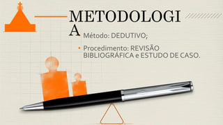 • Método: DEDUTIVO;
• Procedimento: REVISÃO
BIBLIOGRÁFICA e ESTUDO DE CASO.
METODOLOGI
A
 