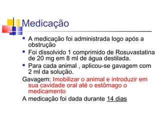 Medicação
 A medicação foi administrada logo após a
obstrução
 Foi dissolvido 1 comprimido de Rosuvastatina
de 20 mg em 8 ml de água destilada.
 Para cada animal , aplicou-se gavagem com
2 ml da solução.
Gavagem: Imobilizar o animal e introduzir em
sua cavidade oral até o estômago o
medicamento
A medicação foi dada durante 14 dias
 