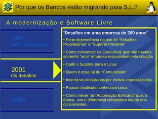 Por que os Bancos estão migrando para S.L.?

A modernização e Software Livre
                      “Desafios em uma empresa de 200 anos”
 1997                 ●Forte dependência no uso de “Soluções
 Salto Tecnológico:   Proprietárias” e “Suporte Presente”
                      ●Como convencer os Executivos que não haveria
                      somente “uma” empresa responsável pela solução
                      ●   Cadê o Suporte para o Linux
 2001                 ●   Quem é essa tal de “Comunidade”
 Os desafios
                      ●   Incertezas declaradas por mídias especializadas
                      ●   Poucos Analistas conheciam Linux
                      ●Como mexer na “Automação Bancária” que, à
 2005                 época, era o diferencial competitivo diante dos
                      concorrentes.
 