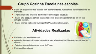 Grupo Cozinha Escola nas escolas. 
 Fazer um diagnóstico nas escolas com as merendeiras, nutricionista ou coordenadora de 
merenda. 
 Apresentar uma proposta de oficina de alimentação saudável. 
 Fazer uma pesquisa com os estudantes sobre o que eles gostariam de ter em sua 
refeição escolar . 
 Fazer oficinas na Escola Municipal Prof.ª Ana Carvalho Aguiar . 
Atividades Realizadas 
 Entrevista com a equipe escolar. 
 Aplicação do questionário para merendeira, para a Secretaria de Educação Laura e para os 
alunos . 
 Palestras e uma oficina para a turma do 3º ano 
 E compartilhar saberes. 
 