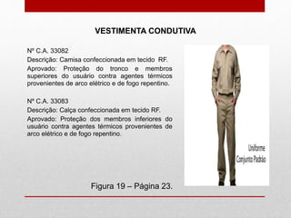 VESTIMENTA CONDUTIVA
Figura 19 – Página 23.
Nº C.A. 33082
Descrição: Camisa confeccionada em tecido RF.
Aprovado: Proteção do tronco e membros
superiores do usuário contra agentes térmicos
provenientes de arco elétrico e de fogo repentino.
Nº C.A. 33083
Descrição: Calça confeccionada em tecido RF.
Aprovado: Proteção dos membros inferiores do
usuário contra agentes térmicos provenientes de
arco elétrico e de fogo repentino.
 