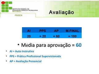 Avaliação


                AI        PPS        AP       M.FINAL
                20        + 20      + 60       = 100

         • Média para aprovação = 60
• AI = Auto Instrutiva
• PPS = Prática Profissional Supervisionada
• AP = Avaliação Presencial
 