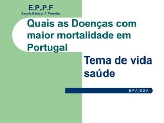 E.P.P.F
Escola Básica .P. Ferreira


   Quais as Doenças com
   maior mortalidade em
   Portugal
                             Tema de vida
                             saúde
                                    EFA B2A
 