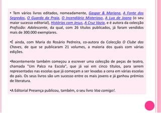 • Tem vários livros editados, nomeadamente, Gaspar & Mariana, A Fonte dos
Segredos, O Guarda da Praia, O Incendiário Misterioso, A Lua de Joana (o seu
maior sucesso editorial), Histórias com Jesus, A Cruz Vazia, e é autora da colecção
Profissão: Adolescente, da qual, com 26 títulos publicados, já foram vendidos
mais de 300.000 exemplares.

•É ainda, com Maria do Rosário Pedreira, co-autora da Colecção O Clube das
Chaves, de que se publicaram 21 volumes, a maioria dos quais com várias
edições.

•Recentemente também começou a escrever uma colecção de peças de teatro,
chamada "Um Palco na Escola", que já vai em cinco títulos, para serem
representadas nas escolas que já começam a ser levadas a cena em várias escolas
do país. Os seus livros são um sucesso entre os mais jovens e já ganhou prémios
de literatura.

•A Editorial Presença publicou, também, o seu livro Voa comigo!.
 