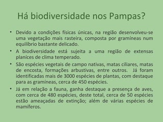 Há biodiversidade nos Pampas?
• Devido a condições físicas únicas, na região desenvolveu-se
uma vegetação mais rasteira, composta por gramíneas num
equilíbrio bastante delicado.
• A biodiversidade está sujeita a uma região de extensas
planíces de clima temperado.
• São espécies vegetais de campo nativas, matas ciliares, matas
de encosta, formações arbustivas, entre outros. Já foram
identificadas mais de 3000 espécies de plantas, com destaque
para as gramíneas, cerca de 450 espécies.
• Já em relação a fauna, ganha destaque a presença de aves,
com cerca de 480 espécies, deste total, cerca de 50 espécies
estão ameaçadas de extinção; além de várias espécies de
mamíferos.

 
