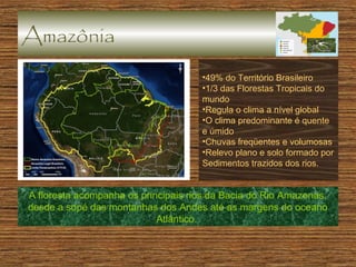 Amazônia
•49% do Território Brasileiro
•1/3 das Florestas Tropicais do
mundo
•Regula o clima a nível global
•O clima predominante é quente
e úmido
•Chuvas freqüentes e volumosas
•Relevo plano e solo formado por
Sedimentos trazidos dos rios.

A floresta acompanha os principais rios da Bacia do Rio Amazonas,
desde a sopé das montanhas dos Andes até as margens do oceano
Atlântico.

 