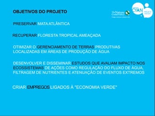 OBJETIVOS DO PROJETO

PRESERVAR MATA ATLÂNTICA


RECUPERAR FLORESTA TROPICAL AMEAÇADA


OTIMIZAR O GERENCIAMENTO DE TERRAS PRODUTIVAS
LOCALIZADAS EM ÁREAS DE PRODUÇÃO DE ÁGUA

DESENVOLVER E DISSEMINAR ESTUDOS QUE AVALIAM IMPACTO NOS
ECOSSISTEMAS DE AÇÕES COMO REGULAÇÃO DO FLUXO DE ÁGUA,
FILTRAGEM DE NUTRIENTES E ATENUAÇÃO DE EVENTOS EXTREMOS


CRIAR EMPREGOS LIGADOS À "ECONOMIA VERDE"
 