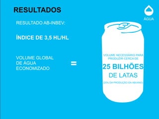 RESULTADOS
                                                         ÁGUA
RESULTADO AB-INBEV:


ÍNDICE DE 3,5 HL/HL


                          VOLUME NECESSÁRIO PARA
VOLUME GLOBAL               PRODUZIR CERCA DE
DE ÁGUA
ECONOMIZADO
                      =   25 BILHÕES
                             DE LATAS
                          (20% DA PRODUÇÃO DA ABI/ANO)
 