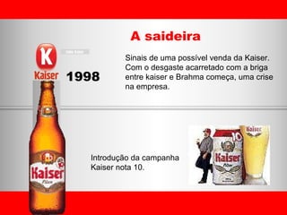 A saideira 1998 Sinais de uma possível venda da Kaiser.  Com o desgaste acarretado com a briga entre kaiser e Brahma começa, uma crise na empresa. Introdução da campanha  Kaiser nota 10. 