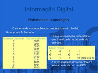 Sistemas de numeração	O sistema de numeração nos computadores é o binário: 0 - aberto e 1- fechado. 							Qualquer operação matemática 						que é realizada no, através de 						adições.				A representação dos caracteres é 					feita através da norma ASCIIInformação Digital