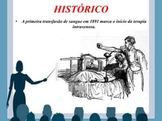 HISTÓRICO
• A primeira transfusão de sangue em 1891 marca o início da terapia
intravenosa.
 