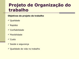 Projeto de Organização do trabalho Objetivos do projeto de trabalho  Qualidade Rapidez Confiabilidade Flexibilidade Custo Saúde e segurança  Qualidade de vida no trabalho 