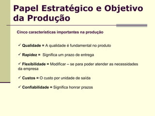 Papel Estratégico e Objetivo da Produção Cinco características importantes na produção Qualidade =  A qualidade é fundamental no produto  Rapidez =   Significa um prazo de entrega  Flexibilidade =  Modificar – se para poder atender as necessidades  da empresa Custos =  O custo por unidade de saída  Confiabilidade =  Significa honrar prazos  