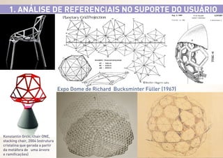 1. ANÁLISE DE REFERENCIAIS NO SUPORTE DO USUÁRIO

Expo Dome de Richard Bucksminter Füller (1967)

Konstantin Grcic, chair ONE,
stacking chair, 2004 (estrutura
cristalina que gerada a partir
da metáfora de uma árvore
e ramificações)

 