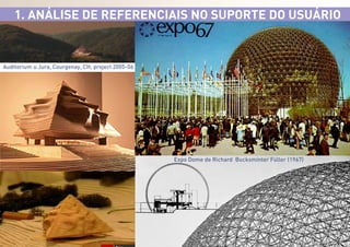 1. ANÁLISE DE REFERENCIAIS NO SUPORTE DO USUÁRIO

Auditorium u Jura, Courgenay, CH, project 2005-06

Expo Dome de Richard Bucksminter Füller (1967)

 