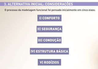 3. ALTERNATIVA INICIAL: CONSIDERAÇÕES
O processo da modelagem funcional foi pensado inicialmente em cinco eixos:

I) CONFORTO
II) SEGURANÇA
III) CONDUÇÃO
IV) ESTRUTURA BÁSICA
V) RODÍZIOS

 