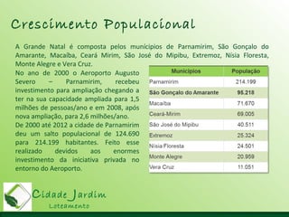Cidade Jardim
Loteamento
Crescimento Populacional
A Grande Natal é composta pelos munícipios de Parnamirim, São Gonçalo do
Amarante, Macaíba, Ceará Mirim, São José do Mipibu, Extremoz, Nísia Floresta,
Monte Alegre e Vera Cruz.
No ano de 2000 o Aeroporto Augusto
Severo – Parnamirim, recebeu
investimento para ampliação chegando a
ter na sua capacidade ampliada para 1,5
milhões de pessoas/ano e em 2008, após
nova ampliação, para 2,6 milhões/ano.
De 2000 até 2012 a cidade de Parnamirim
deu um salto populacional de 124.690
para 214.199 habitantes. Feito esse
realizado devidos aos enormes
investimento da iniciativa privada no
entorno do Aeroporto.
 