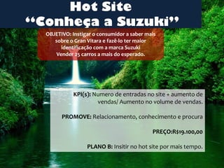 Hot Site
“Conheça a Suzuki”
  OBJETIVO: Instigar o consumidor a saber mais
     sobre o Gran Vitara e fazê-lo ter maior
        identificação com a marca Suzuki
      Vender 25 carros a mais do esperado.




             KPI(s): Numero de entradas no site + aumento de
                      vendas/ Aumento no volume de vendas.

        PROMOVE: Relacionamento, conhecimento e procura

                                            PREÇO:R$19.100,00

                  PLANO B: Insitir no hot site por mais tempo.
 