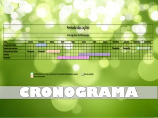 Período das ações
                                                                                                  Cronograma de Veiculação

Ações                   Janeiro           Fevereiro              Março                Abril                Maio           Junho             Julho   Agosto   Setembro      Outubro     Novembro   Dezembro
Espaço Gran Vitara
Supere essa aventura                                                                                                                                         Divulgação   Divulgação
Maratona Gran Vitara   Divulgação         Divulgação
Hot SIte
Comercial




                                  Dia 15 de Novembro/ feriado na quinta feira- Proclamação da República(data da viagem)     Data dos episódios
                                  Março, mês da mulher
 