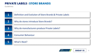 PRIVATE LABELS | STORE BRANDS
Guidelines
Definition and Evolution of Store Brands & Private Labels
Why do stores introduce Store Brands?
Why do manufacturers produce Private Labels?
Consumer Behaviour
What’s Next?
1
2
3
4
5
GROUP 102 1
 