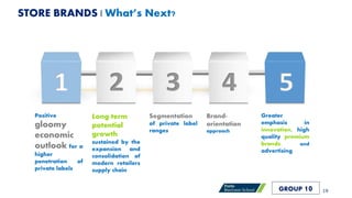 Segmentation
of private label
ranges
Positive
gloomy
economic
outlook for a
higher
penetration of
private labels
Brand-
orientation
approach
Long-term
potential
growth
sustained by the
expansion and
consolidation of
modern retailers
supply chain
Greater
emphasis in
innovation, high
quality premium
brands and
advertising
STORE BRANDS | What’s Next?
19GROUP 10
 