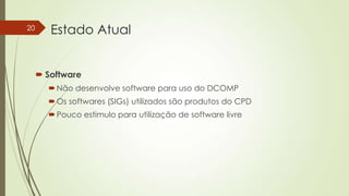 20

Estado Atual
 Software
 Não desenvolve software para uso do DCOMP
 Os softwares (SIGs) utilizados são produtos do CPD
 Pouco estimulo para utilização de software livre

 