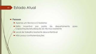 41

Estado Atual
 Pessoas
 Apenas um técnico e 2 bolsistas
 Falta incentivo por parte do departamento
capacitação/atualização do técnico existente
 Local de trabalho bastante desconfortável
 Não possui confraternizações

para

 