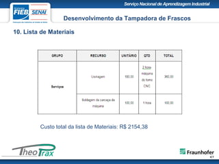 10. Lista de Materiais
Desenvolvimento da Tampadora de Frascos
Custo total da lista de Materiais: R$ 2154,38
 