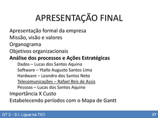 APRESENTAÇÃO FINAL
Apresentação formal da empresa
Missão, visão e valores
Organograma
Objetivos organizacionais
Análise dos processos e Ações Estratégicas
Dados – Lucas dos Santos Aquino
Software – Ytallo Augusto Santos Lima
Hardware – Leandro dos Santos Neto
Telecomunicações – Rafael Reis de Assis
Pessoas – Lucas dos Santos Aquino

Importância X Custo
Estabelecendo períodos com o Mapa de Gantt
27

 