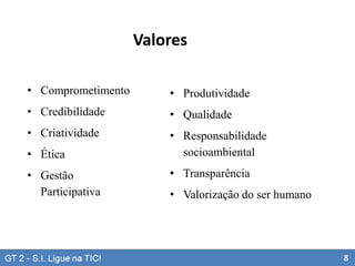 Valores
• Comprometimento

• Produtividade

• Credibilidade

• Qualidade

• Criatividade

• Responsabilidade
socioambiental

• Ética
• Gestão
Participativa

• Transparência
• Valorização do ser humano

8

 