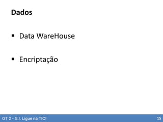 Dados
 Data WareHouse
 Encriptação

15

 