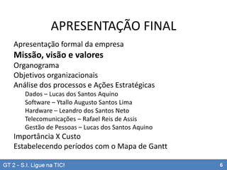 APRESENTAÇÃO FINAL
Apresentação formal da empresa

Missão, visão e valores
Organograma
Objetivos organizacionais
Análise dos processos e Ações Estratégicas
Dados – Lucas dos Santos Aquino
Software – Ytallo Augusto Santos Lima
Hardware – Leandro dos Santos Neto
Telecomunicações – Rafael Reis de Assis
Gestão de Pessoas – Lucas dos Santos Aquino

Importância X Custo
Estabelecendo períodos com o Mapa de Gantt
6

 