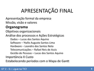 APRESENTAÇÃO FINAL
Apresentação formal da empresa
Missão, visão e valores

Organograma
Objetivos organizacionais
Análise dos processos e Ações Estratégicas
Dados – Lucas dos Santos Aquino
Software – Ytallo Augusto Santos Lima
Hardware – Leandro dos Santos Neto
Telecomunicações – Rafael Reis de Assis
Gestão de Pessoas – Lucas dos Santos Aquino

Importância X Custo
Estabelecendo períodos com o Mapa de Gantt
9

 