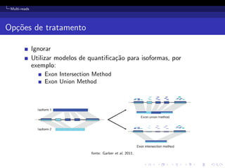 Multi-reads
Op¸c˜oes de tratamento
Ignorar
Utilizar modelos de quantiﬁca¸c˜ao para isoformas, por
exemplo:
Exon Intersection Method
Exon Union Method
fonte: Garber et al, 2011.
 
