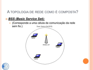 A TOPOLOGIA DE REDE COMO É COMPOSTA?
   BSS (Basic Service Set);
       (Corresponde a uma célula de comunicação da rede
        sem fio.)
 
