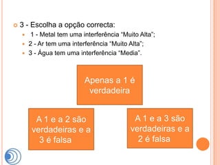    3 - Escolha a opção correcta:
     1 - Metal tem uma interferência “Muito Alta”;
     2 - Ar tem uma interferência “Muito Alta”;
     3 - Água tem uma interferência “Media”.




                          Apenas a 1 é
                           verdadeira


         A 1 e a 2 são                     A 1 e a 3 são
        verdadeiras e a                   verdadeiras e a
          3 é falsa                         2 é falsa
 