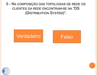 5 - NA COMPOSIÇÃO DAS TOPOLOGIAS DE REDE OS
    CLIENTES DA REDE ENCONTRAM-SE NA “DS
           (DISTRIBUITION SYSTEM)”:




     Verdadeiro              Falso
 