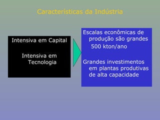 Características da Indústria

Intensiva em Capital
Intensiva em
Tecnologia

Escalas econômicas de
produção são grandes
500 kton/ano
Grandes investimentos
em plantas produtivas
de alta capacidade

 