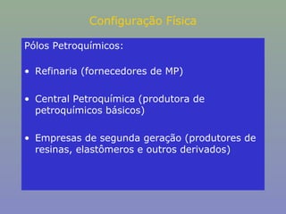 Configuração Física
Pólos Petroquímicos:
• Refinaria (fornecedores de MP)
• Central Petroquímica (produtora de
petroquímicos básicos)
• Empresas de segunda geração (produtores de
resinas, elastômeros e outros derivados)

 