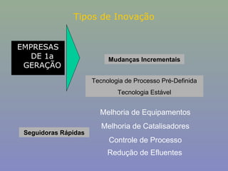 Tipos de Inovação
EMPRESAS
DE 1a
GERAÇÃO

Mudanças Incrementais
Tecnologia de Processo Pré-Definida
Tecnologia Estável

Melhoria de Equipamentos
Seguidoras Rápidas

Melhoria de Catalisadores
Controle de Processo
Redução de Efluentes

 