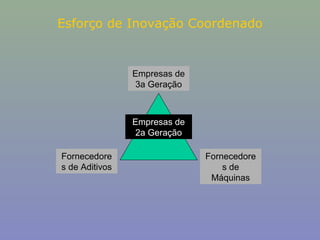 Esforço de Inovação Coordenado

Empresas de
3a Geração

Empresas de
2a Geração
Fornecedore
s de Aditivos

Fornecedore
s de
Máquinas

 
