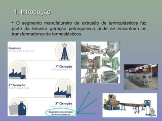 1. Introdução
• O segmento manufatureiro de extrusão de termoplásticos faz
parte da terceira geração petroquímica onde se encontram os
transformadores de termoplásticos.

Segmento de extrusão
de termoplásticos

 