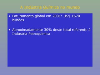 A Indústria Química no mundo
• Faturamento global em 2001: US$ 1670
bilhões
• Aproximadamente 30% deste total referente à
Indústria Petroquímica

 
