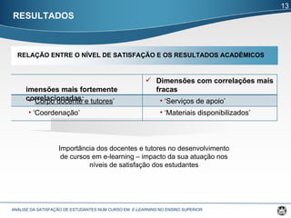 RESULTADOS ANÁLISE DA SATISFAÇÃO DE ESTUDANTES NUM CURSO EM  E-LEARNING  NO ENSINO SUPERIOR  13 Importância dos docentes e tutores no desenvolvimento de cursos em e-learning – impacto da sua atuação nos níveis de satisfação dos estudantes RELAÇÃO ENTRE O NÍVEL DE SATISFAÇÃO E OS RESULTADOS ACADÉMICOS Dimensões mais fortemente  correlacionadas:  Dimensões com correlações mais fracas  ‘ Corpo docente e tutores ’ ‘ Serviços de apoio’ ‘ Coordenação’ ‘ Materiais disponibilizados’ 